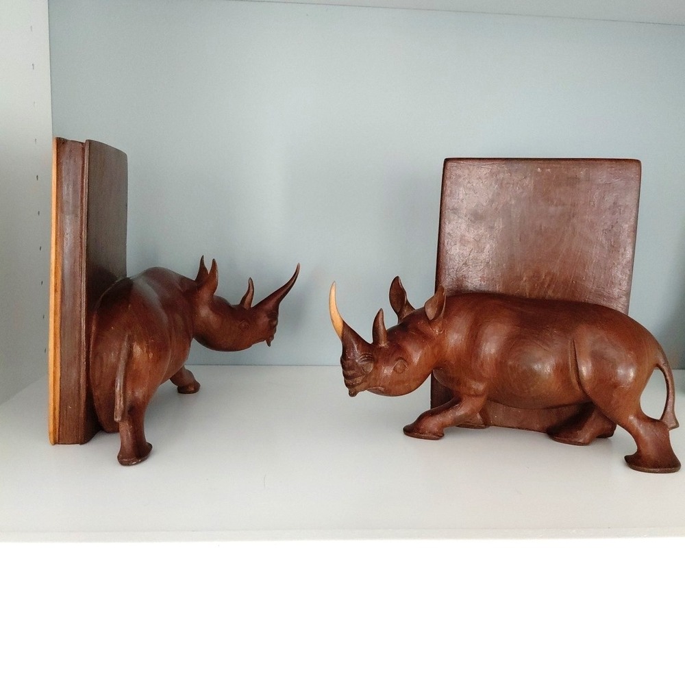 Vintage Hand Carved Natural Wood African RHINO Bookends Heavy Artist Detailed - Picture 2 of 16